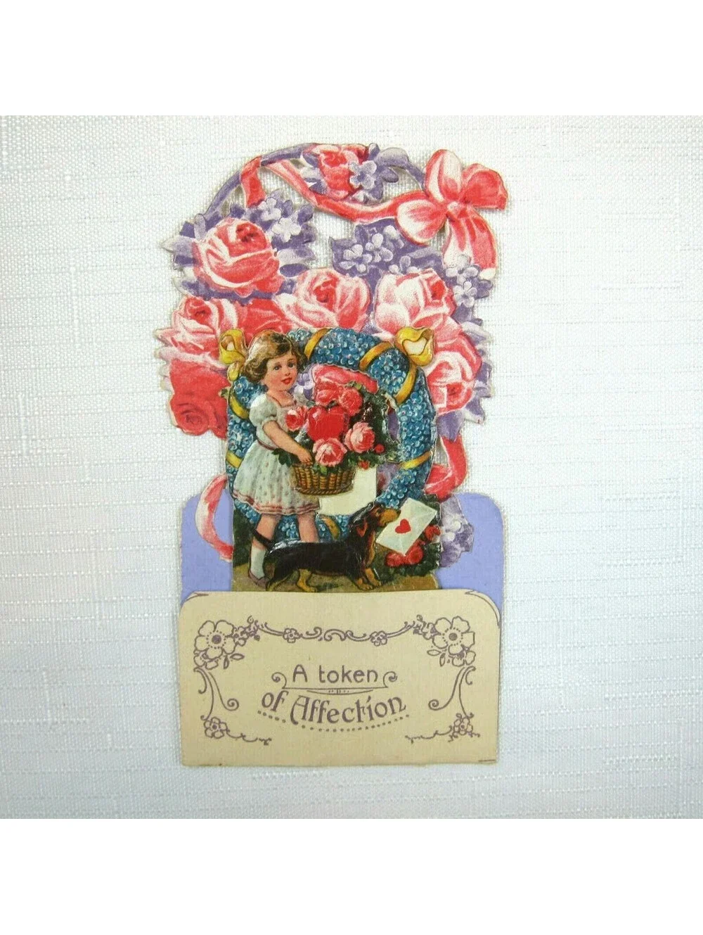 Vintage Valentine 3D Pop Up Pull Down Die Cut Girl Flowers Wiener Dog Germany